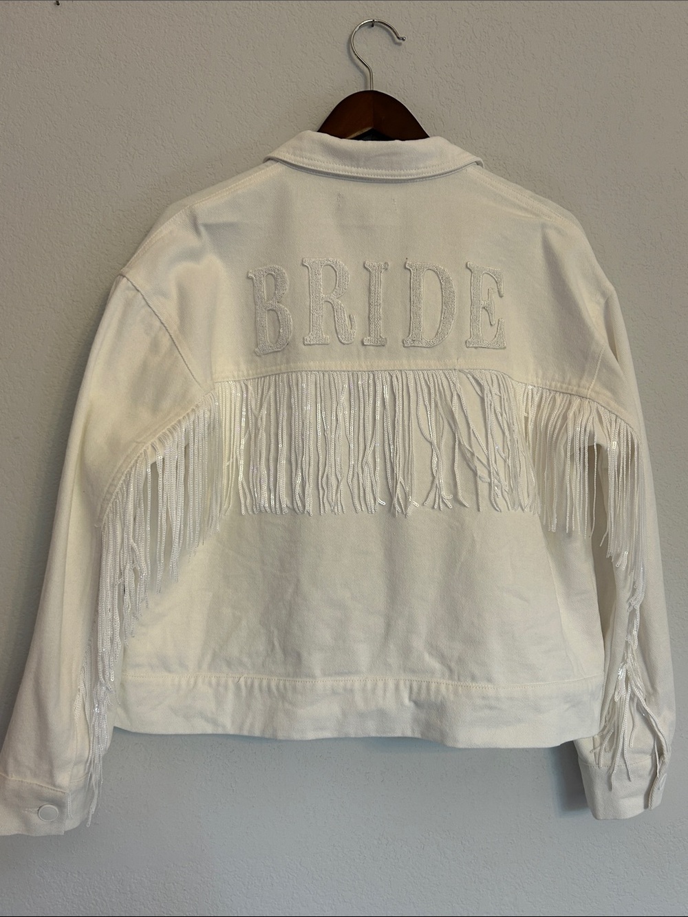 Lulu's Sparkle White Fringe 'BRIDE' Denim Jacket